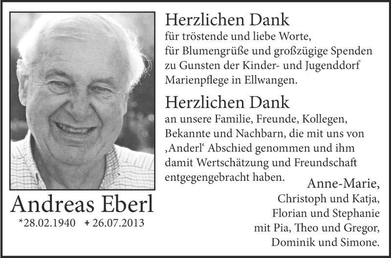  Traueranzeige für Andreas Eberl vom 20.08.2013 aus Schwäbische Zeitung