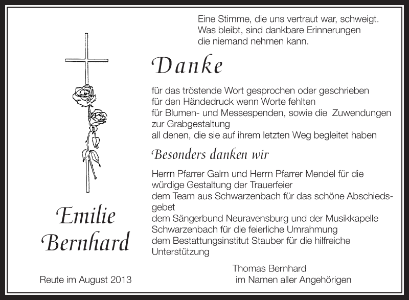  Traueranzeige für Emilie Bernhard vom 24.08.2013 aus Schwäbische Zeitung