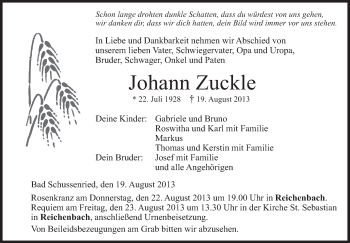Anzeige von Johann Zuckle von Schwäbische Zeitung