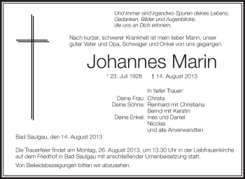 Anzeige von Johannes Marin von Schwäbische Zeitung