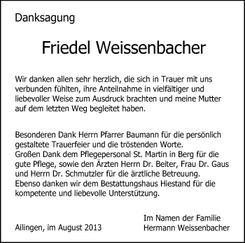 Anzeige von Friedel Weissenbacher von Schwäbische Zeitung