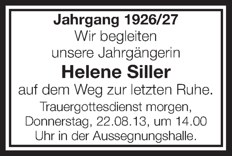  Traueranzeige für Helene Siller vom 21.08.2013 aus Schwäbische Zeitung