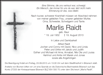 Anzeige von Marlis Raidt von Schwäbische Zeitung