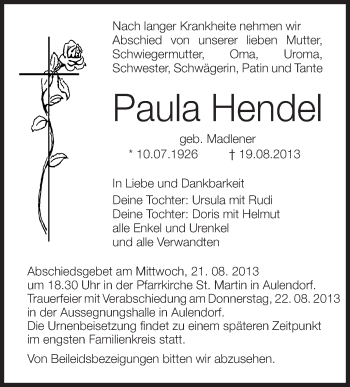 Anzeige von Paula Hendel von Schwäbische Zeitung
