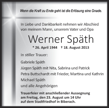 Anzeige von Werner Späth von Schwäbische Zeitung