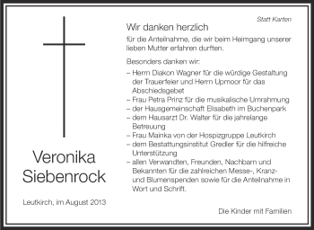 Anzeige von Veronika Siebenrock von Schwäbische Zeitung