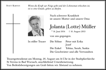 Anzeige von Jolanta Müller von Schwäbische Zeitung