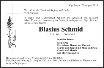 Anzeige von Blasius Schmid von Schwäbische Zeitung