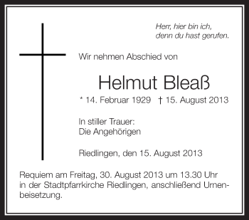 Anzeige von Helmut Bleaß von Schwäbische Zeitung