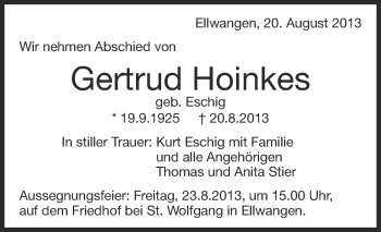 Anzeige von Gertrud Hoinkes von Schwäbische Zeitung