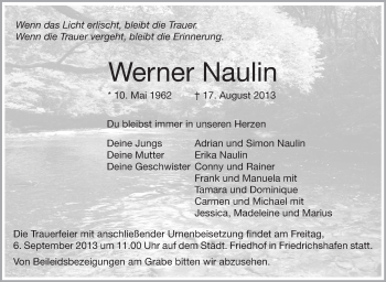 Anzeige von Werner Naulin von Schwäbische Zeitung