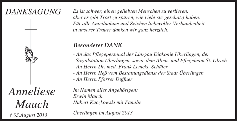  Traueranzeige für Anneliese Mauch vom 24.08.2013 aus Schwäbische Zeitung