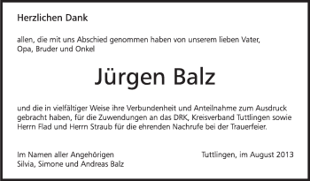 Anzeige von Jürgen Balz von Schwäbische Zeitung
