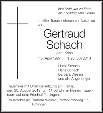 Anzeige von Gertraud Schach von Schwäbische Zeitung