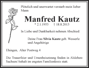 Anzeige von Manfred Kautz von Schwäbische Zeitung