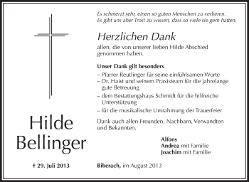 Anzeige von Hilde Bellinger von Schwäbische Zeitung