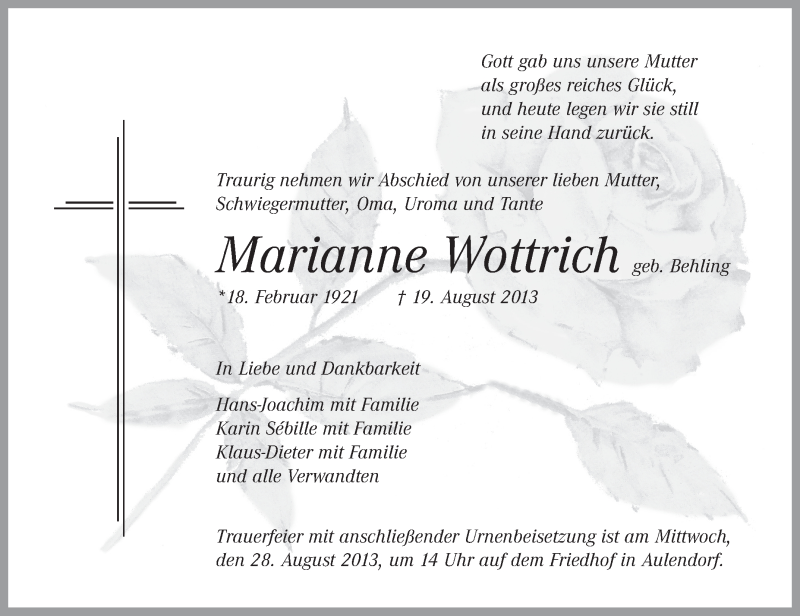  Traueranzeige für Marianne Wottrich vom 24.08.2013 aus Schwäbische Zeitung