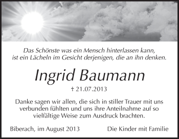 Anzeige von Ingrid Baumann von Schwäbische Zeitung