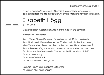 Anzeige von Elisabeth Högg von Schwäbische Zeitung