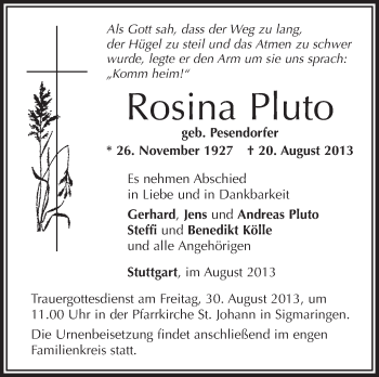 Anzeige von Rosina Pluto von Schwäbische Zeitung