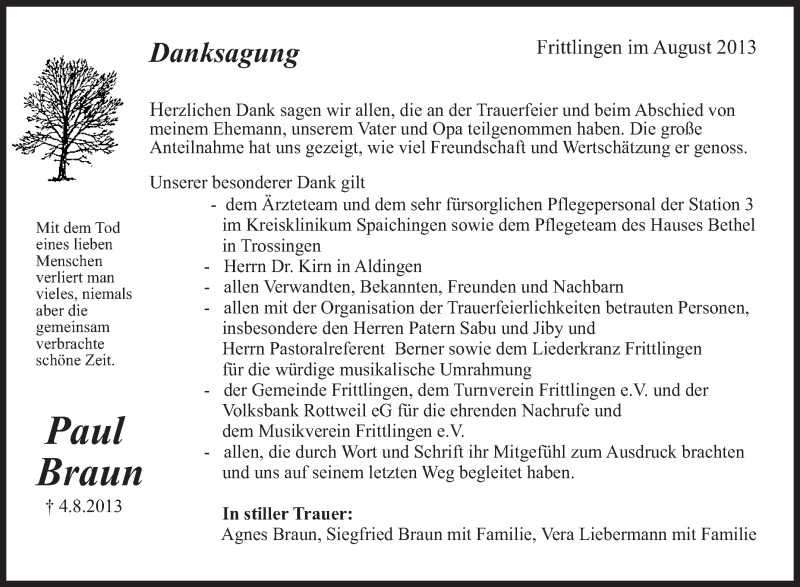  Traueranzeige für Paul Braun vom 24.08.2013 aus Schwäbische Zeitung
