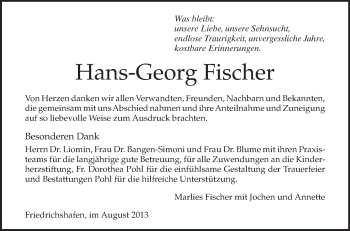 Anzeige von Hans-Georg Fischer von Schwäbische Zeitung