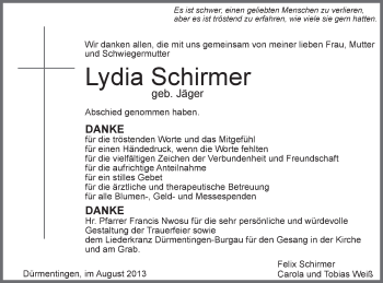 Anzeige von Lydia Schirmer von Schwäbische Zeitung