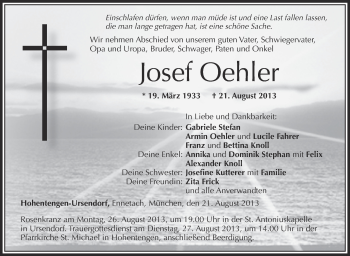 Anzeige von Josef Oehler von Schwäbische Zeitung