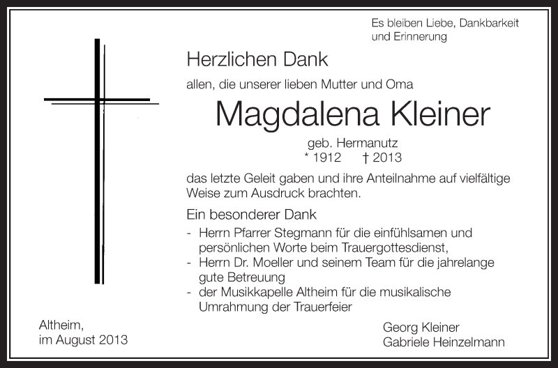  Traueranzeige für Magdalena Kleiner vom 24.08.2013 aus Schwäbische Zeitung