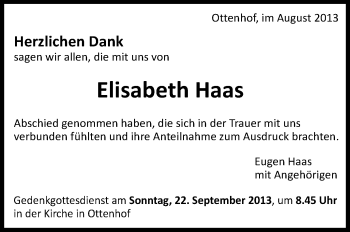 Anzeige von Elisabeth Haas von Schwäbische Zeitung
