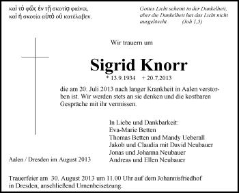 Anzeige von Sigrid Knorr von Schwäbische Zeitung