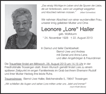 Anzeige von Leonore Haller von Schwäbische Zeitung