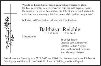 Anzeige von Balthasar Reichle von Schwäbische Zeitung