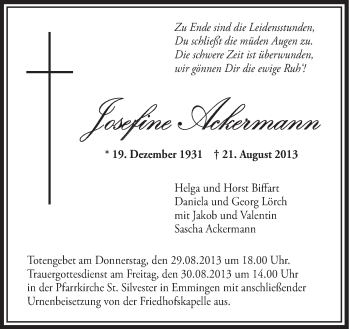 Anzeige von Josefine Ackermann von Schwäbische Zeitung