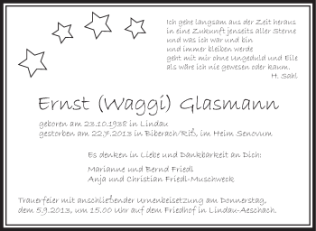 Anzeige von Ernst Glasmann von Schwäbische Zeitung