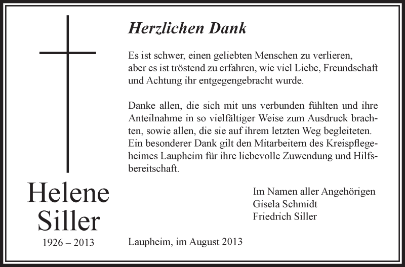  Traueranzeige für Helene Siller vom 31.08.2013 aus Schwäbische Zeitung