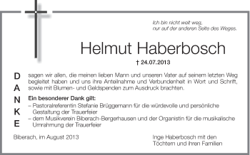 Anzeige von Helmut Haberbosch von Schwäbische Zeitung