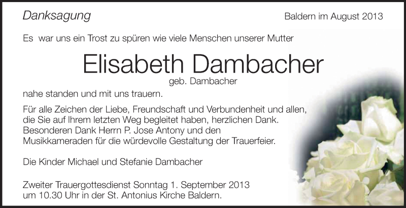  Traueranzeige für Elisabeth Dambacher vom 29.08.2013 aus Schwäbische Zeitung