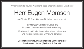 Anzeige von Eugen Morasch von Schwäbische Zeitung