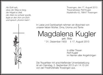 Anzeige von Magdalena Kugler von Schwäbische Zeitung