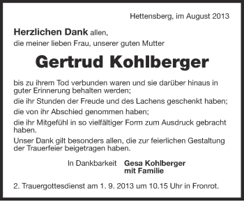 Anzeige von Gertrud Kohlberger von Schwäbische Zeitung