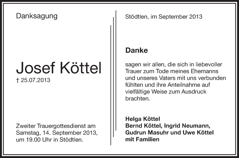 Traueranzeige für Josef Köttel vom 12.09.2013 aus Schwäbische Zeitung