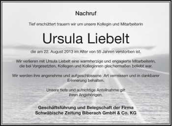Anzeige von Ursula Liebelt von Schwäbische Zeitung