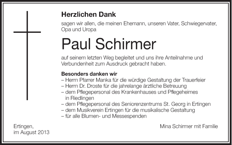  Traueranzeige für Paul Schirmer vom 31.08.2013 aus Schwäbische Zeitung