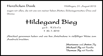 Anzeige von Hildegard Bieg von Schwäbische Zeitung