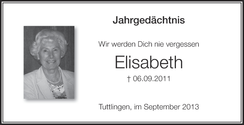  Traueranzeige für Elisabeth  vom 06.09.2013 aus Schwäbische Zeitung