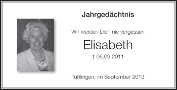 Anzeige von Elisabeth  von Schwäbische Zeitung