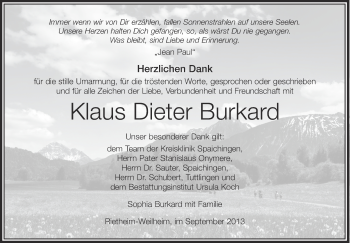 Anzeige von Klaus Dieter Burkard von Schwäbische Zeitung