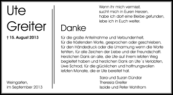 Anzeige von Ute Greiter von Schwäbische Zeitung