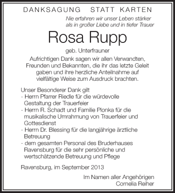 Anzeige von Rosa Rupp von Schwäbische Zeitung